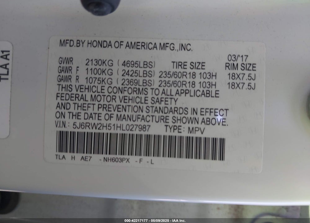 2017 HONDA CR-V EX VIN: 5J6RW2H51HL027987