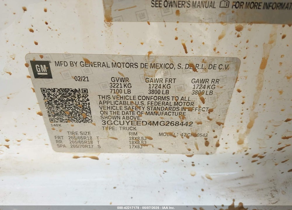 2021 CHEVROLET SILVERADO 1500 VIN: 3GCUYEED4MG268442