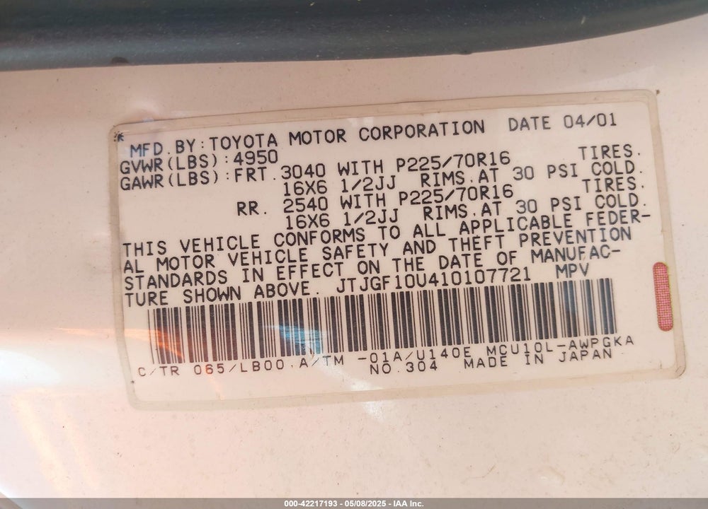 2001 LEXUS RX 300 VIN: JTJGF10U410107721