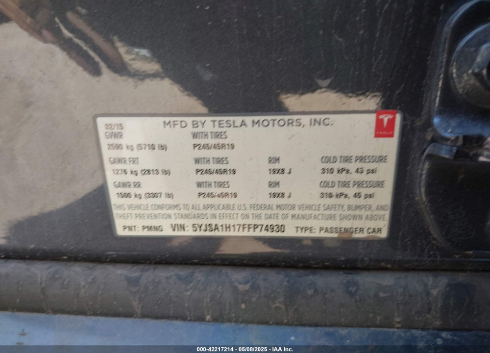 2015 TESLA MODEL S VIN: 5YJSA1H17FFP74930