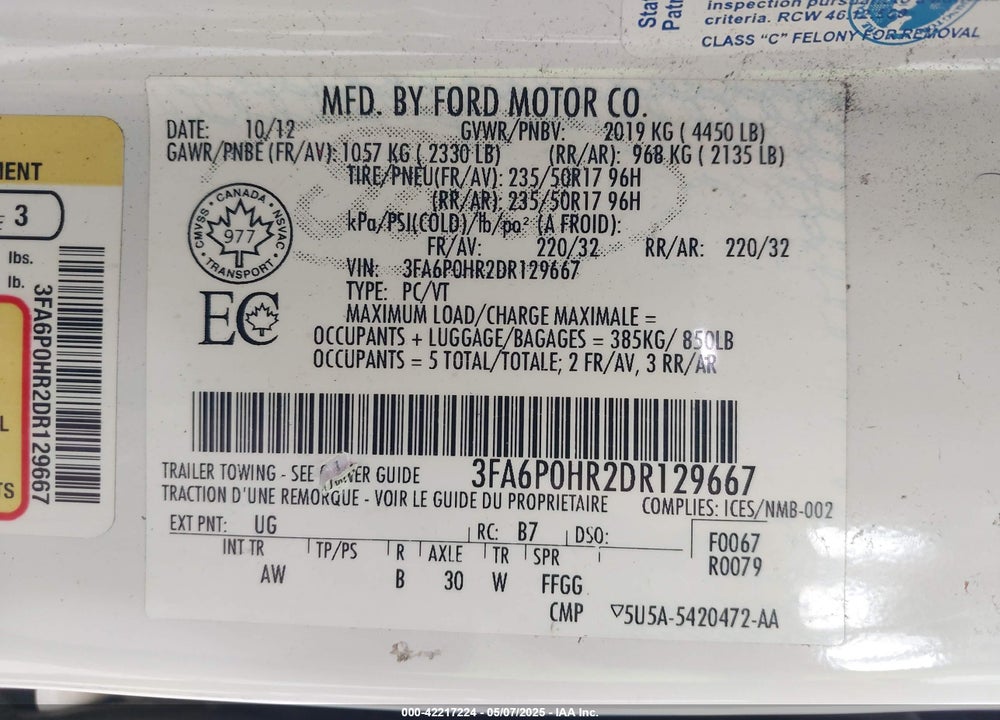 2013 FORD FUSION VIN: 3FA6P0HR2DR129667