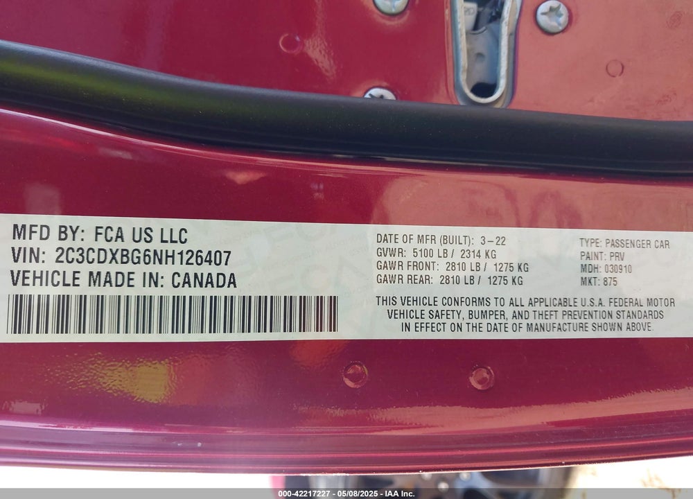 2022 DODGE CHARGER VIN: 2C3CDXBG6NH126407
