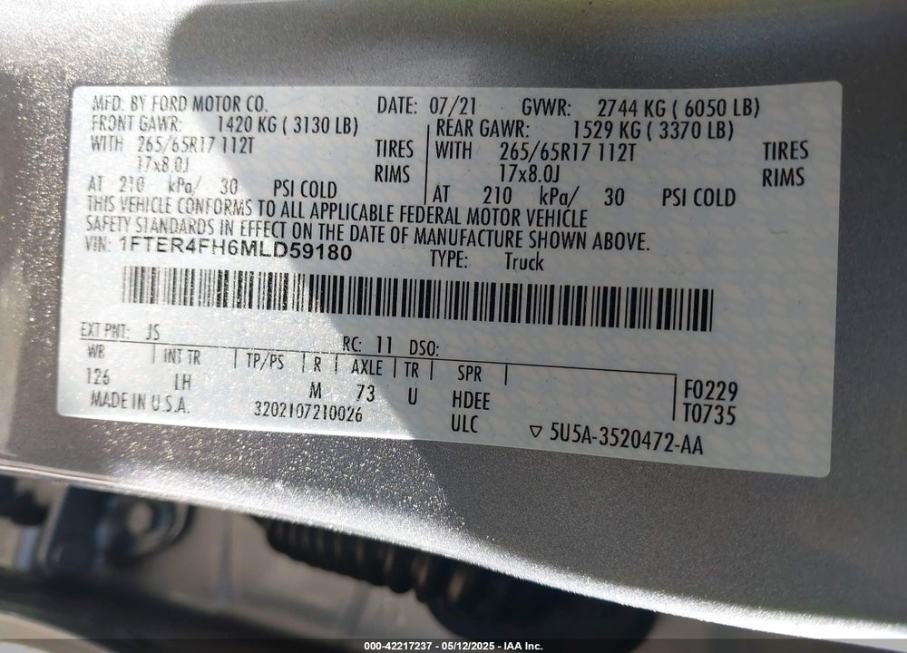 2021 FORD RANGER XLT VIN: 1FTER4FH6MLD59180
