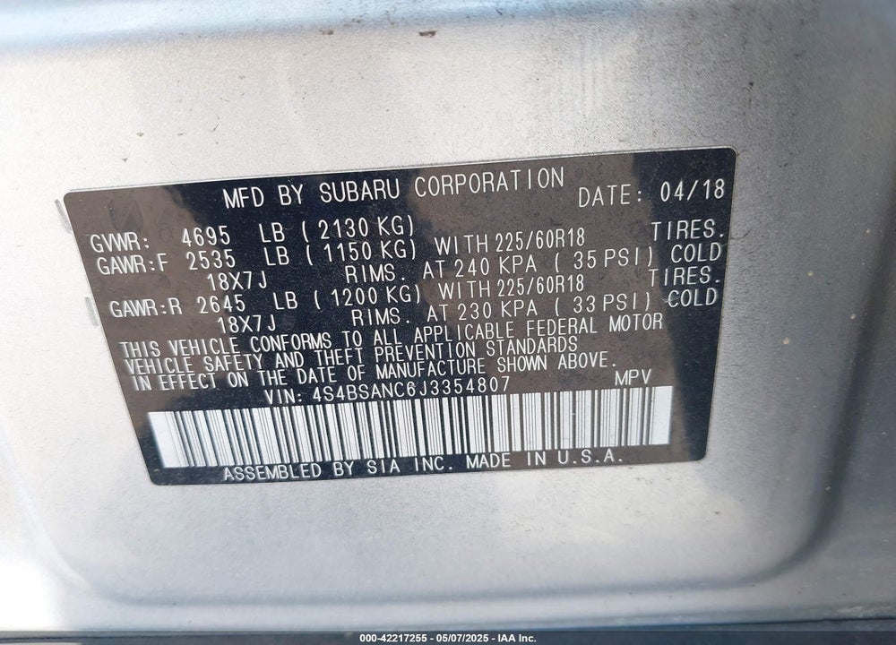 2018 SUBARU OUTBACK 2.5I LIMITED VIN: 4S4BSANC6J3354807