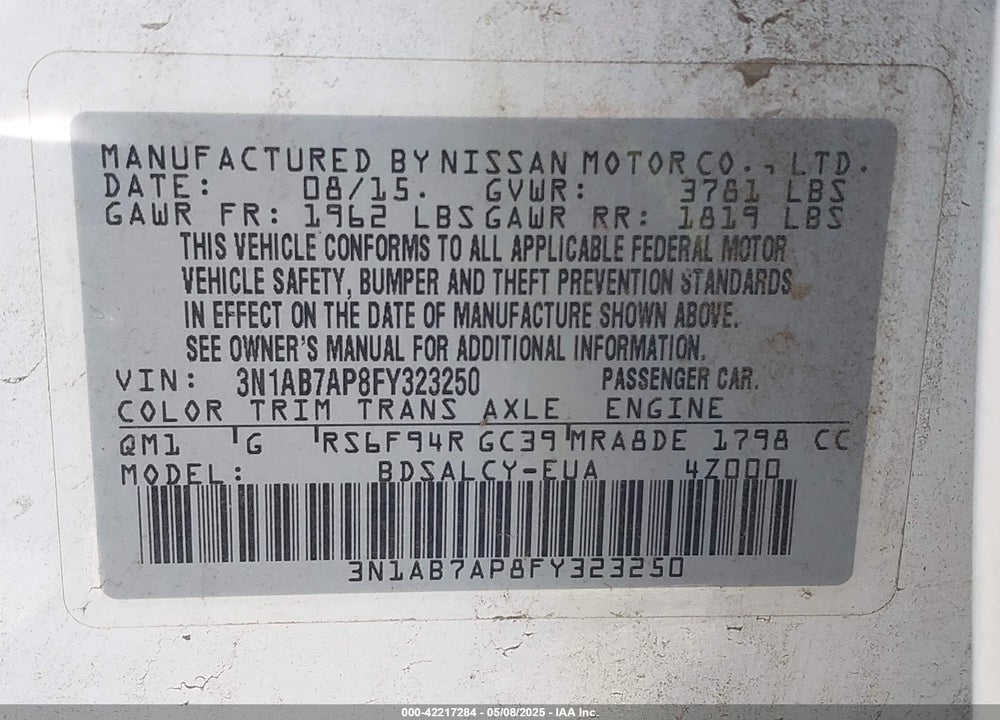 2015 NISSAN SENTRA S VIN: 3N1AB7AP8FY323250