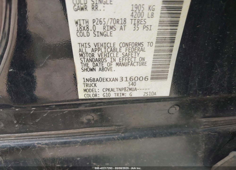 2010 NISSAN TITAN SE VIN: 1N6BA0EKXAN316006