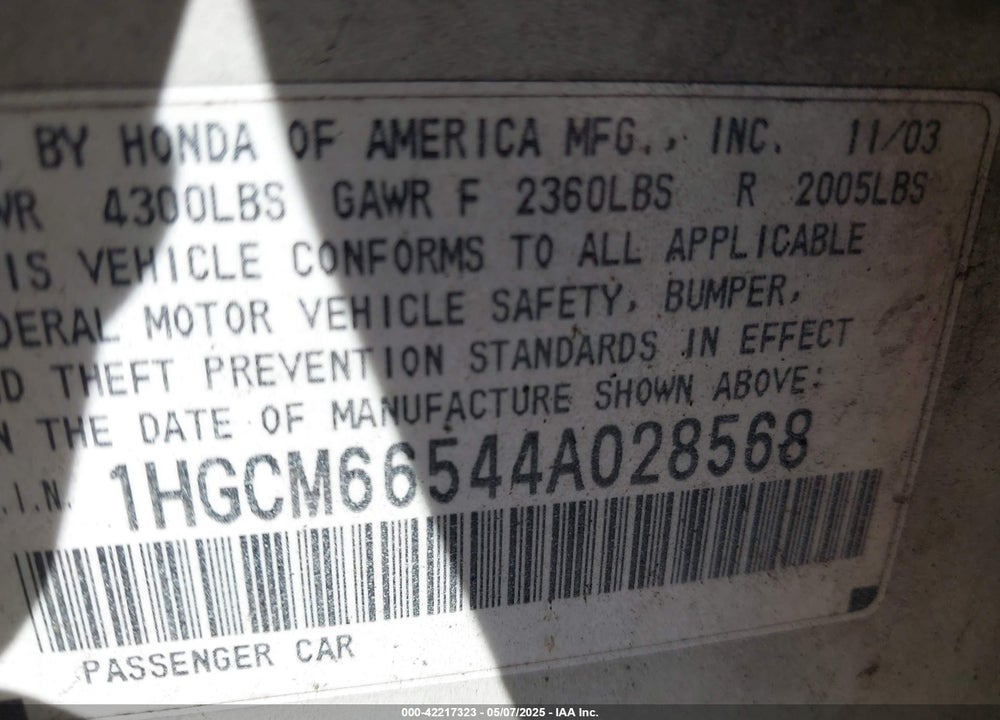 2004 HONDA ACCORD 3.0 EX VIN: 1HGCM66544A028568