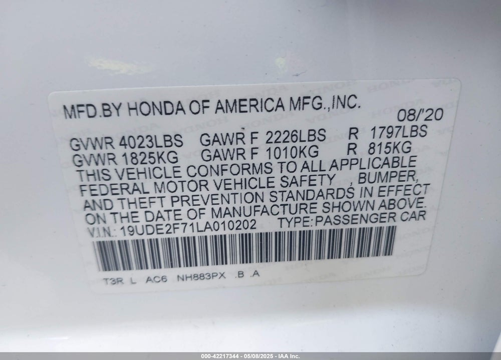2020 ACURA ILX VIN: 19UDE2F71LA010202