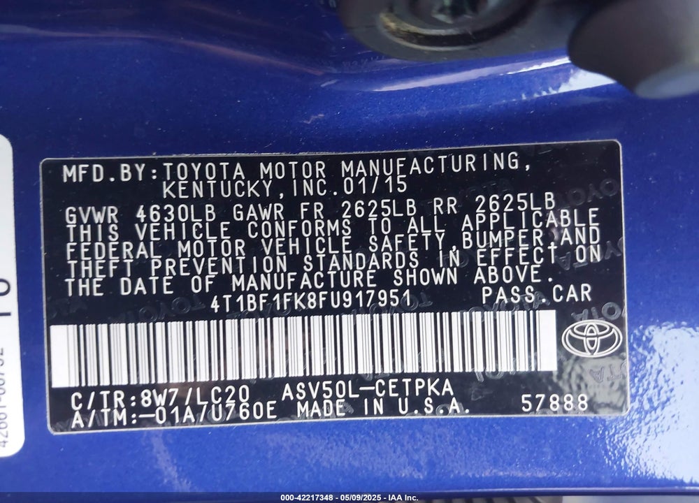 2015 TOYOTA CAMRY VIN: 4T1BF1FK8FU917951