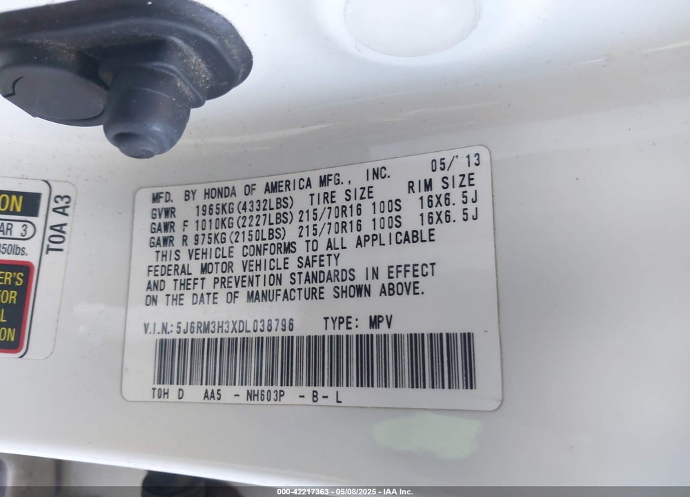 2013 HONDA CR-V VIN: 5J6RM3H3XDL038796