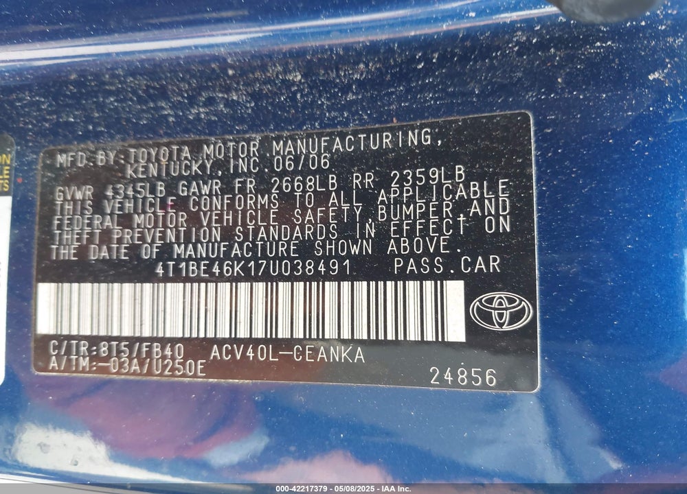 2007 TOYOTA CAMRY LE VIN: 4T1BE46K17U038491