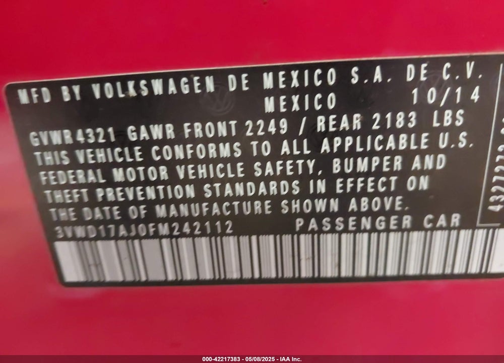 2015 VOLKSWAGEN JETTA 1.8T SE VIN: 3VWD17AJ0FM242112