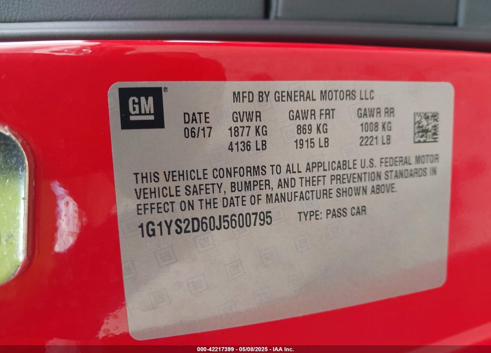2018 CHEVROLET CORVETTE VIN: 1G1YS2D60J5600795