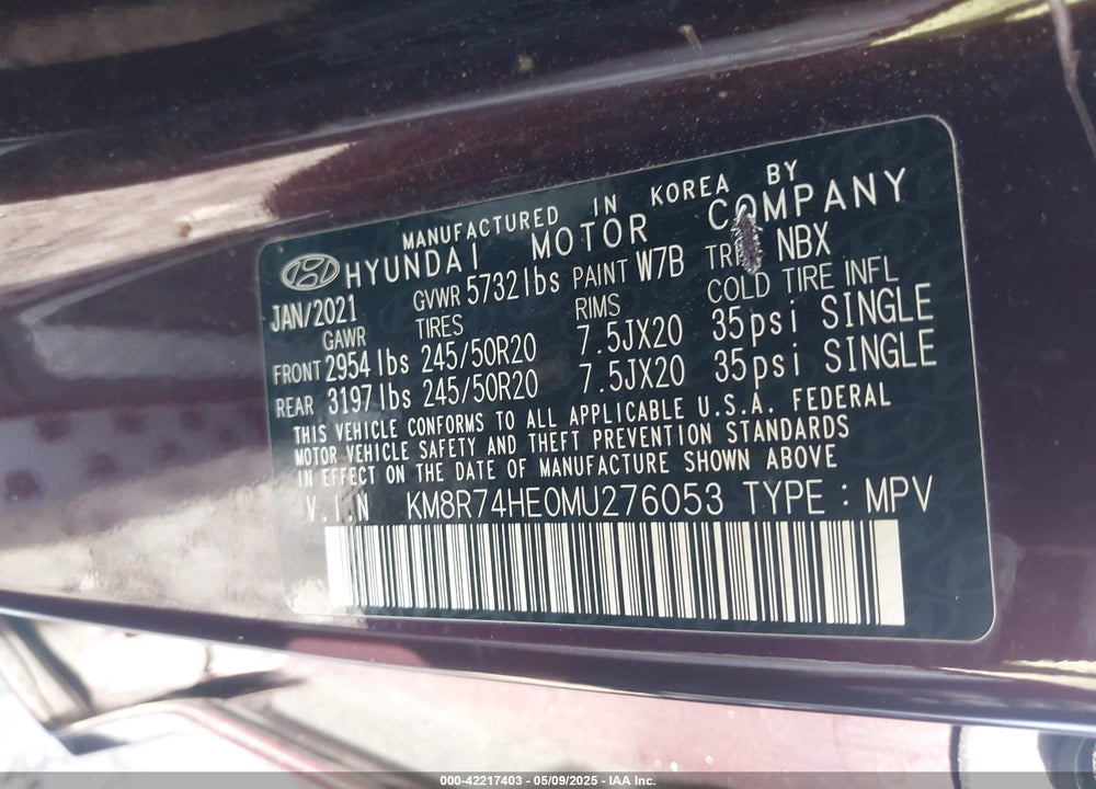 2021 HYUNDAI PALISADE VIN: KM8R74HE0MU276053