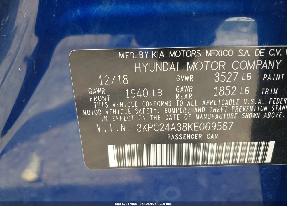 2019 HYUNDAI ACCENT SE VIN: 3KPC24A38KE069567