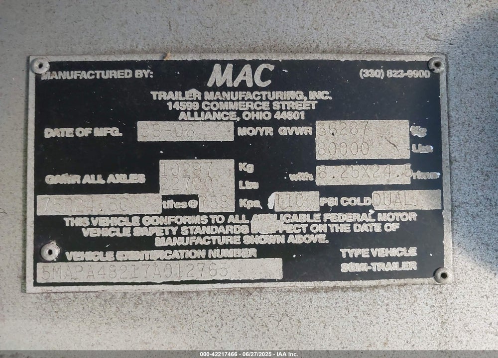 2007 MAC TRAILER MFG FLATBED TRAILER VIN: 5MAPA48217A012765