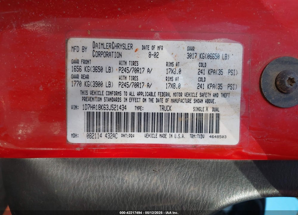 2003 DODGE RAM 1500 ST VIN: 1D7HA18K63J521434