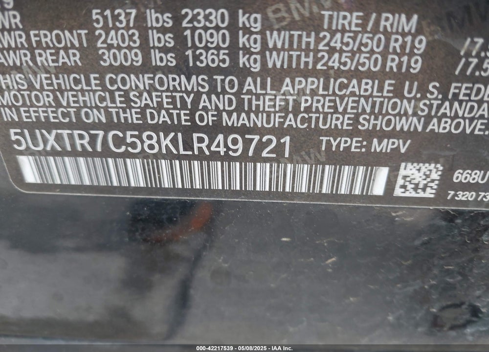 2019 BMW X3 VIN: 5UXTR7C58KLR49721