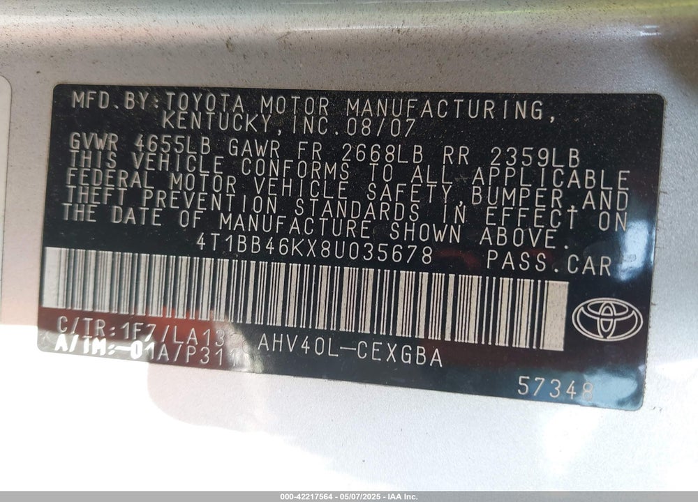 2008 TOYOTA CAMRY HYBRID VIN: 4T1BB46KX8U035678