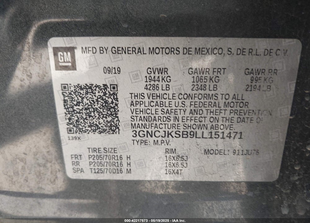 2020 CHEVROLET TRAX VIN: 3GNCJKSB9LL151471