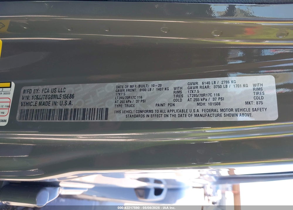 2021 JEEP GLADIATOR MOJAVE 4X4 VIN: 1C6JJTEG8ML515686