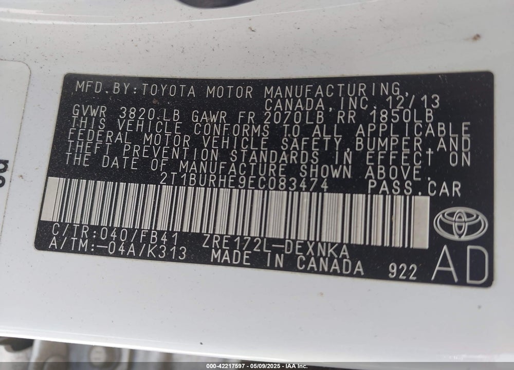 2014 TOYOTA COROLLA VIN: 2T1BURHE9EC083474