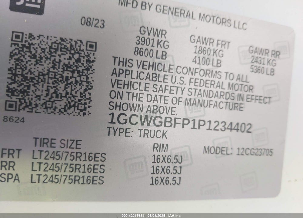 2023 CHEVROLET EXPRESS CARGO RWD 2500 EXTENDED WHEELBASE WT VIN: 1GCWGBFP1P1234402