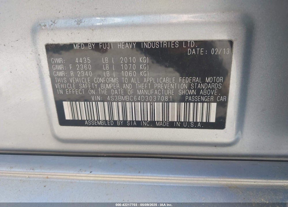 2013 SUBARU LEGACY VIN: 4S3BMBC64D3037081