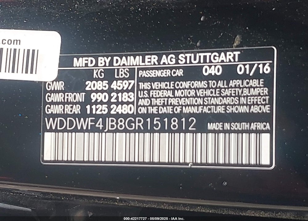 2016 MERCEDES-BENZ C VIN: WDDWF4JB8GR151812