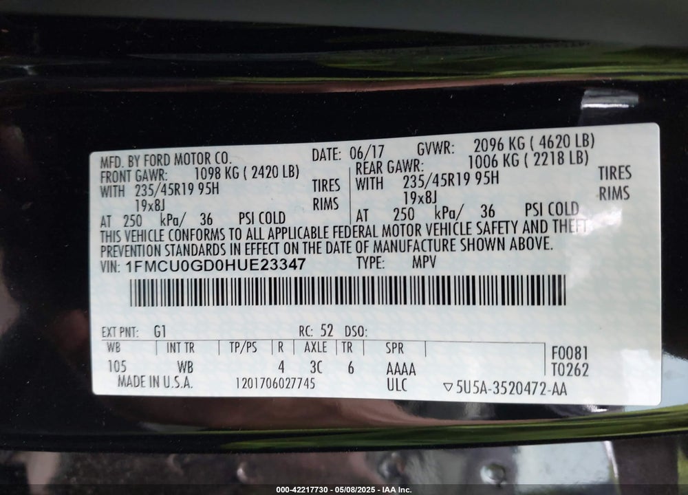 2017 FORD ESCAPE VIN: 1FMCU0GD0HUE23347