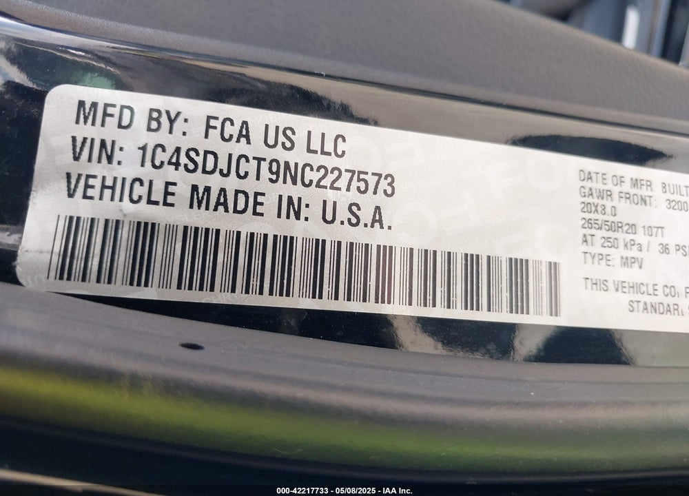 2022 DODGE DURANGO VIN: 1C4SDJCT9NC227573
