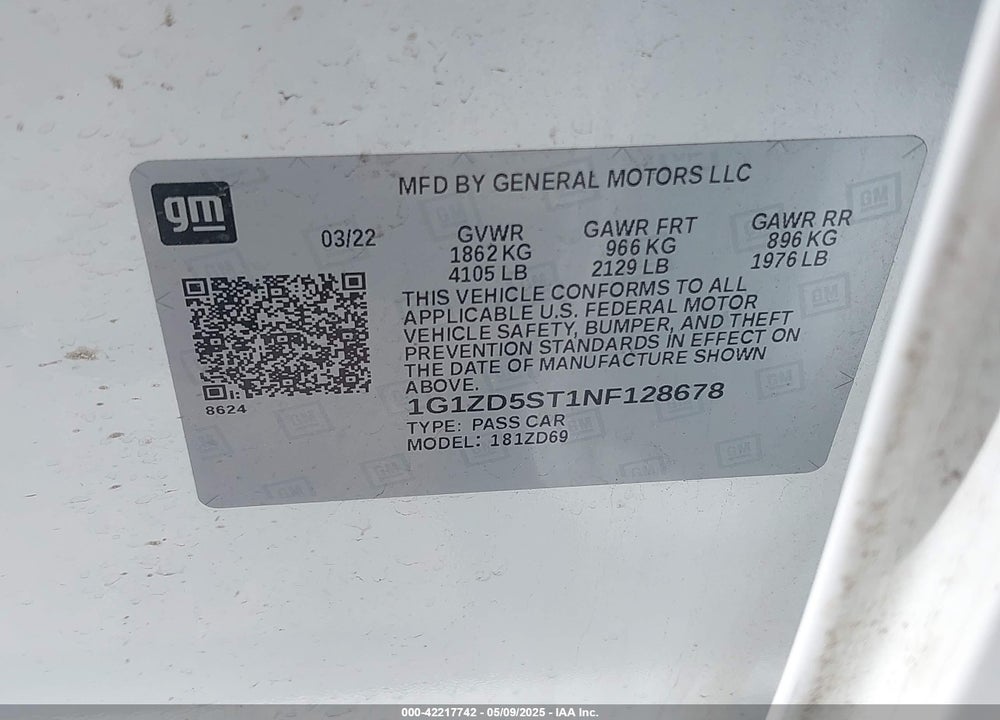 2022 CHEVROLET MALIBU FWD LT VIN: 1G1ZD5ST1NF128678