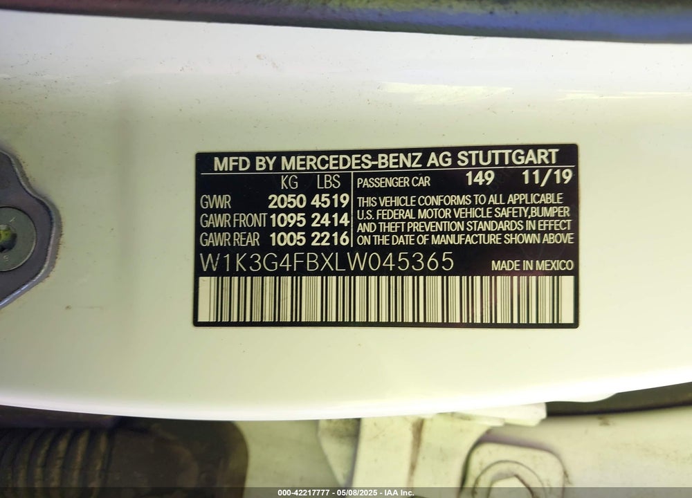 2020 MERCEDES-BENZ A 220 VIN: W1K3G4FBXLW045365