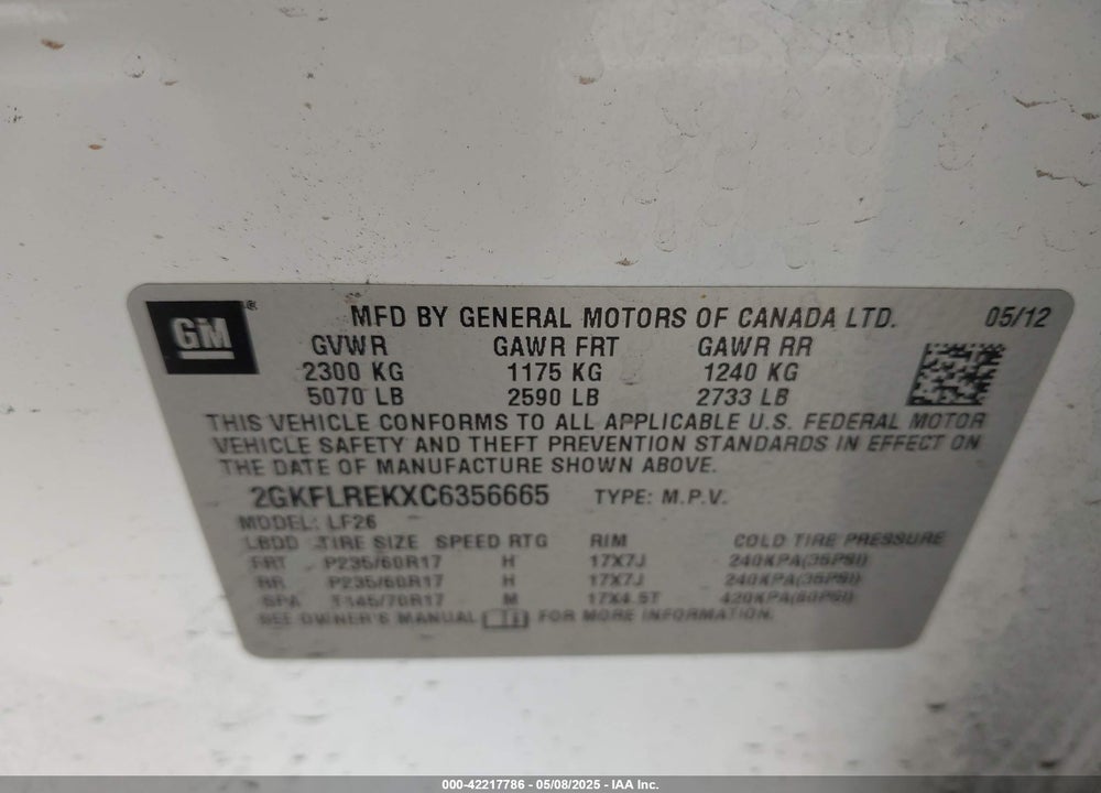 2012 GMC TERRAIN VIN: 2GKFLREKXC6356665