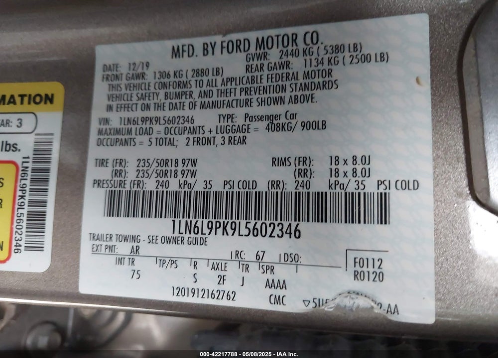 2020 LINCOLN CONTINENTAL VIN: 1LN6L9PK9L5602346