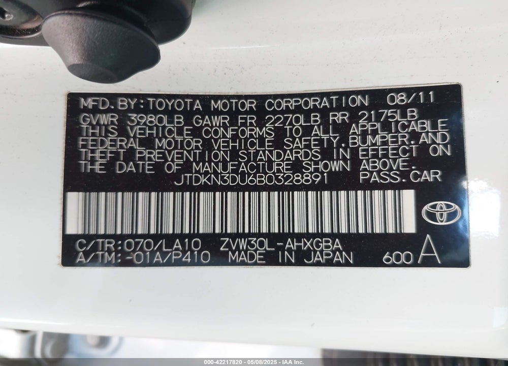2011 TOYOTA PRIUS VIN: JTDKN3DU6B0328891
