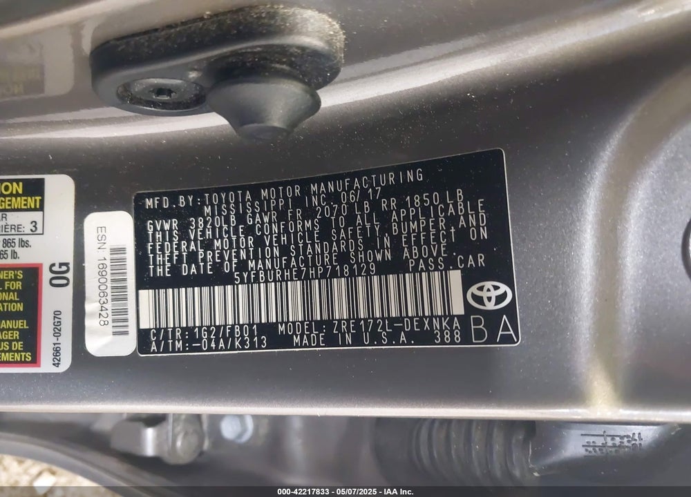 2017 TOYOTA COROLLA VIN: 5YFBURHE7HP718129