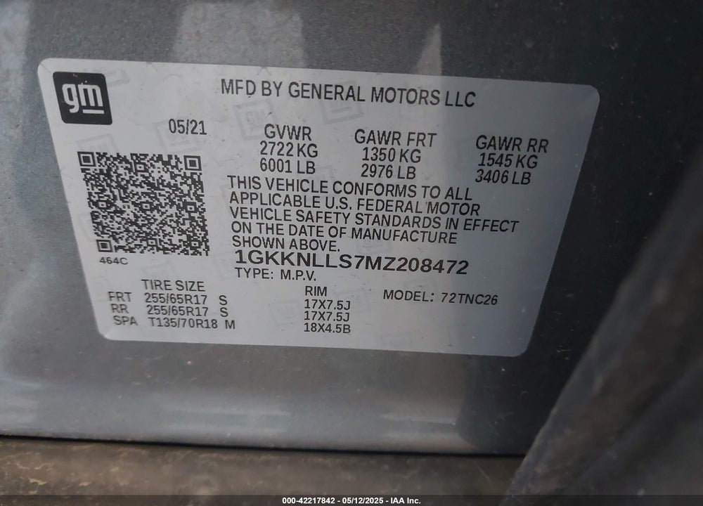 2021 GMC ACADIA VIN: 1GKKNLLS7MZ208472