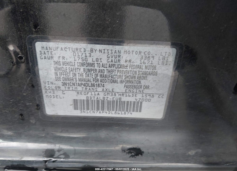 2013 NISSAN VERSA 1.6 SV VIN: 3N1CN7AP4DL861874