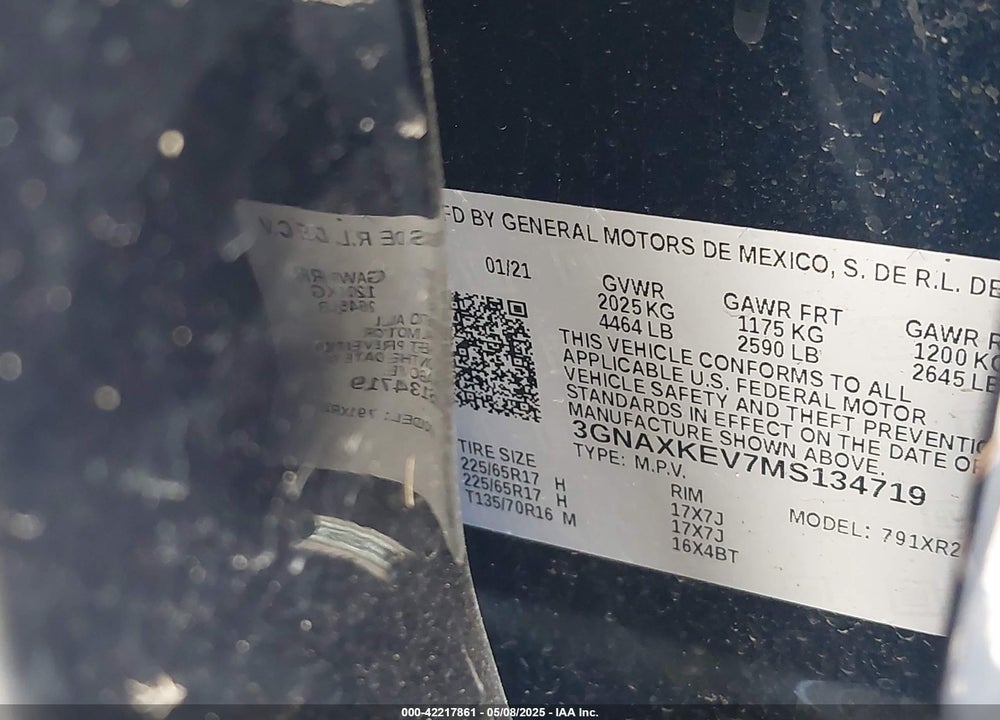 2021 CHEVROLET EQUINOX VIN: 3GNAXKEV7MS134719