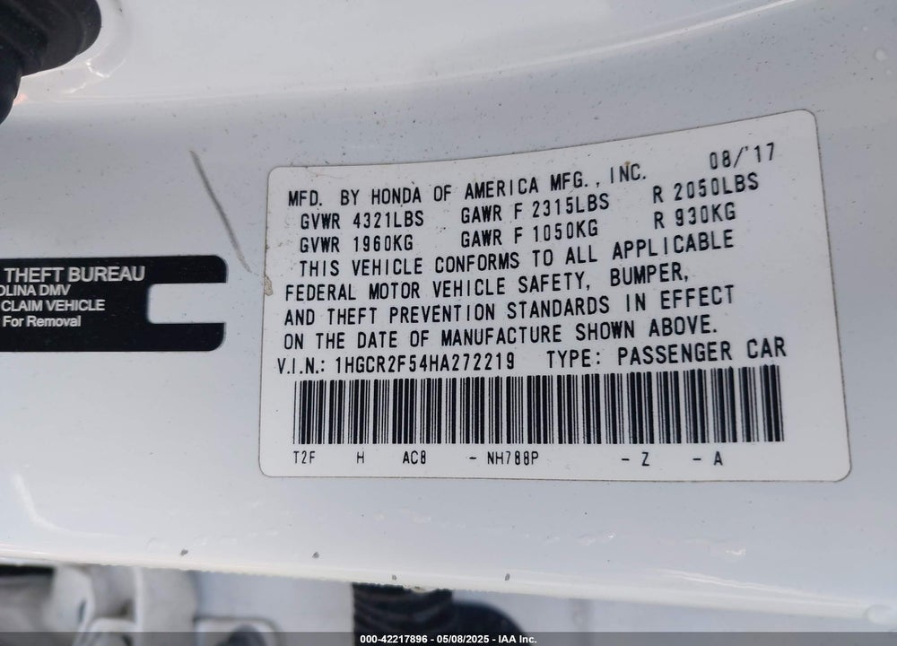2017 HONDA ACCORD VIN: 1HGCR2F54HA272219