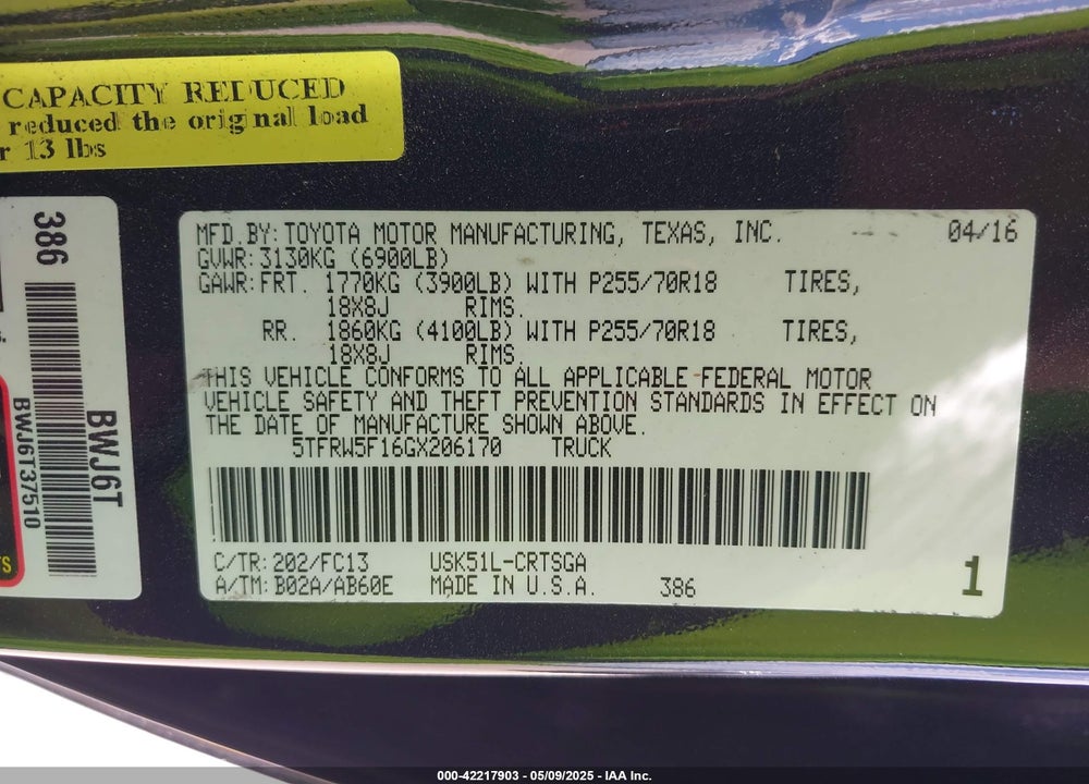2016 TOYOTA TUNDRA SR5 5.7L V8 VIN: 5TFRW5F16GX206170