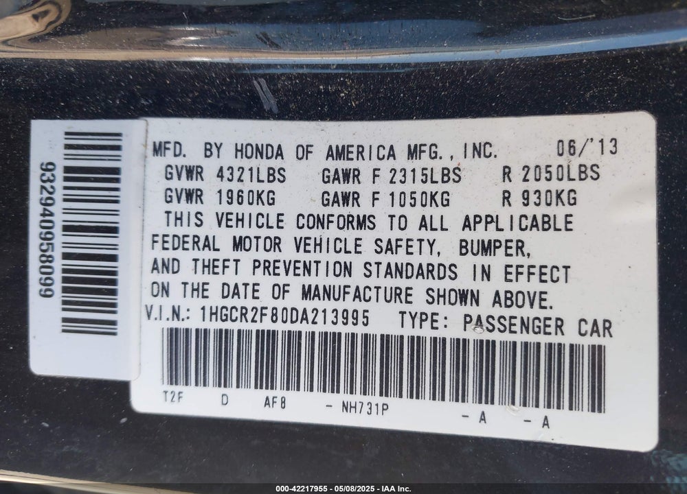2013 HONDA ACCORD EX-L VIN: 1HGCR2F80DA213995