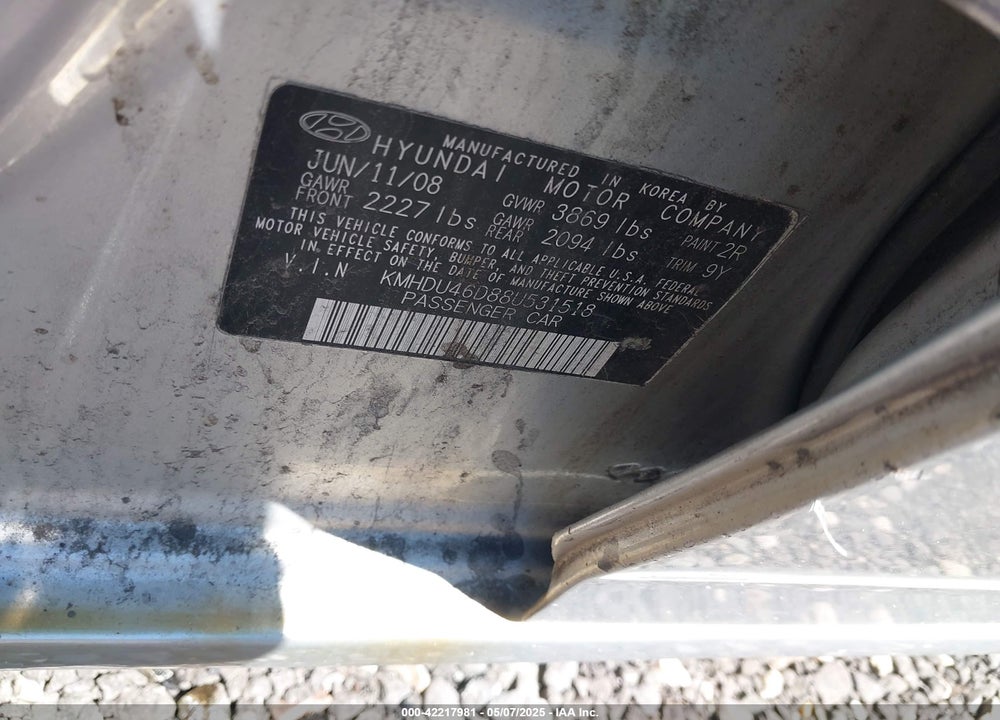 2008 HYUNDAI ELANTRA GLS/SE VIN: KMHDU46D88U531518