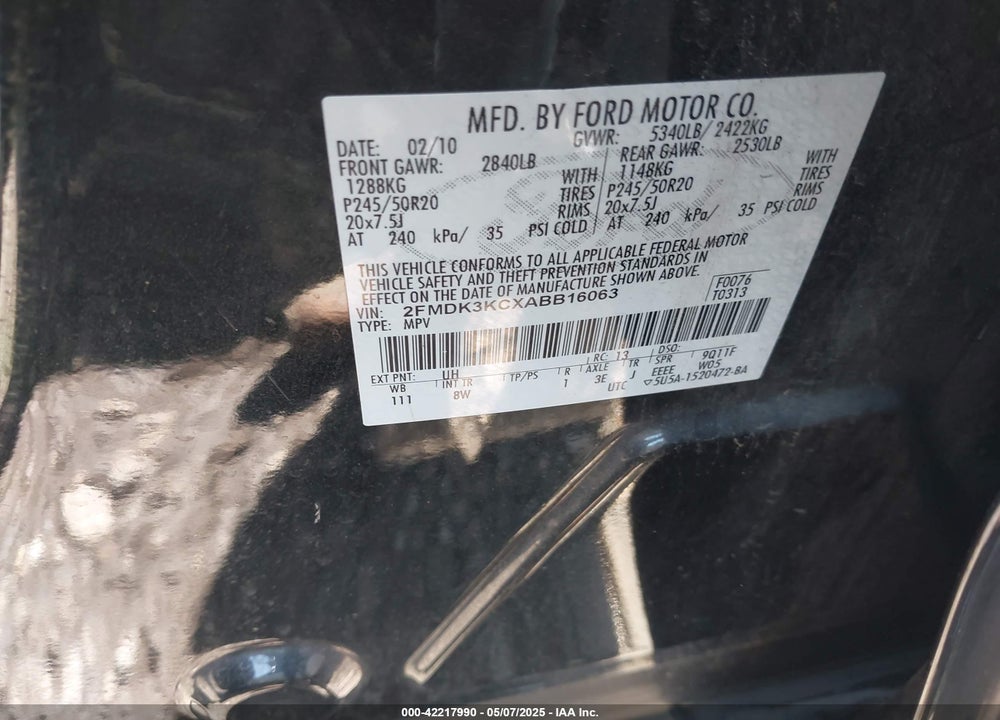 2010 FORD EDGE VIN: 2FMDK3KCXABB16063
