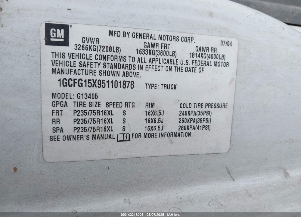 2005 CHEVROLET EXPRESS VIN: 1GCFG15X951101878