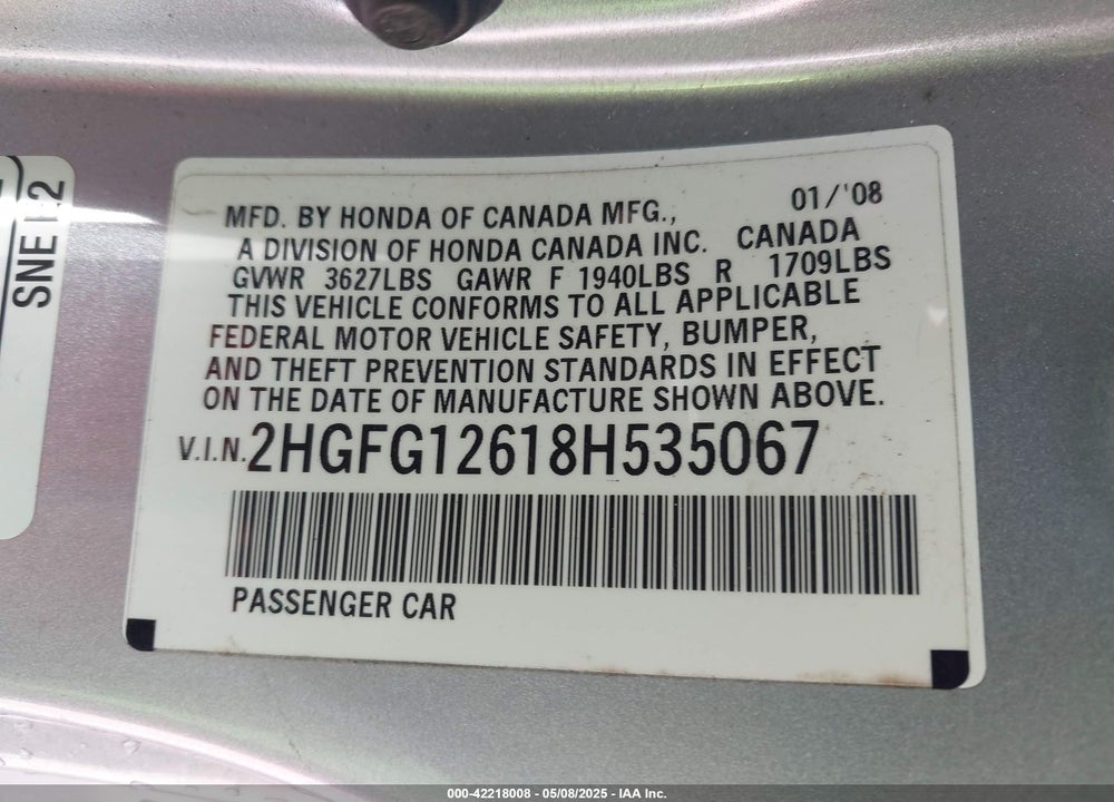 2008 HONDA CIVIC LX VIN: 2HGFG12618H535067