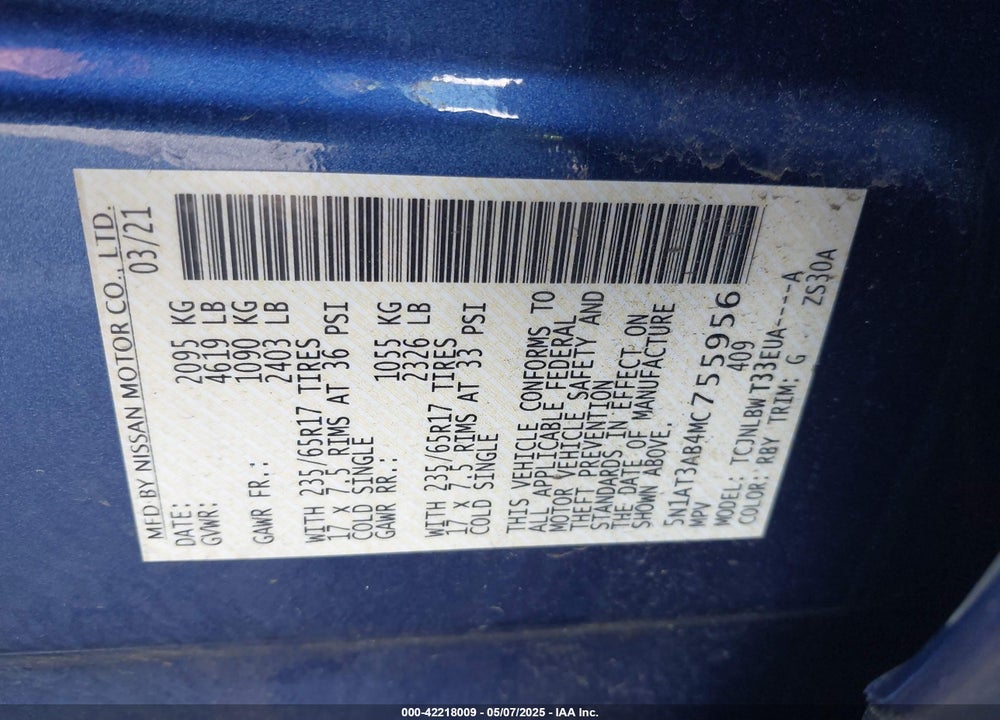 2021 NISSAN ROGUE VIN: 5N1AT3AB4MC755956