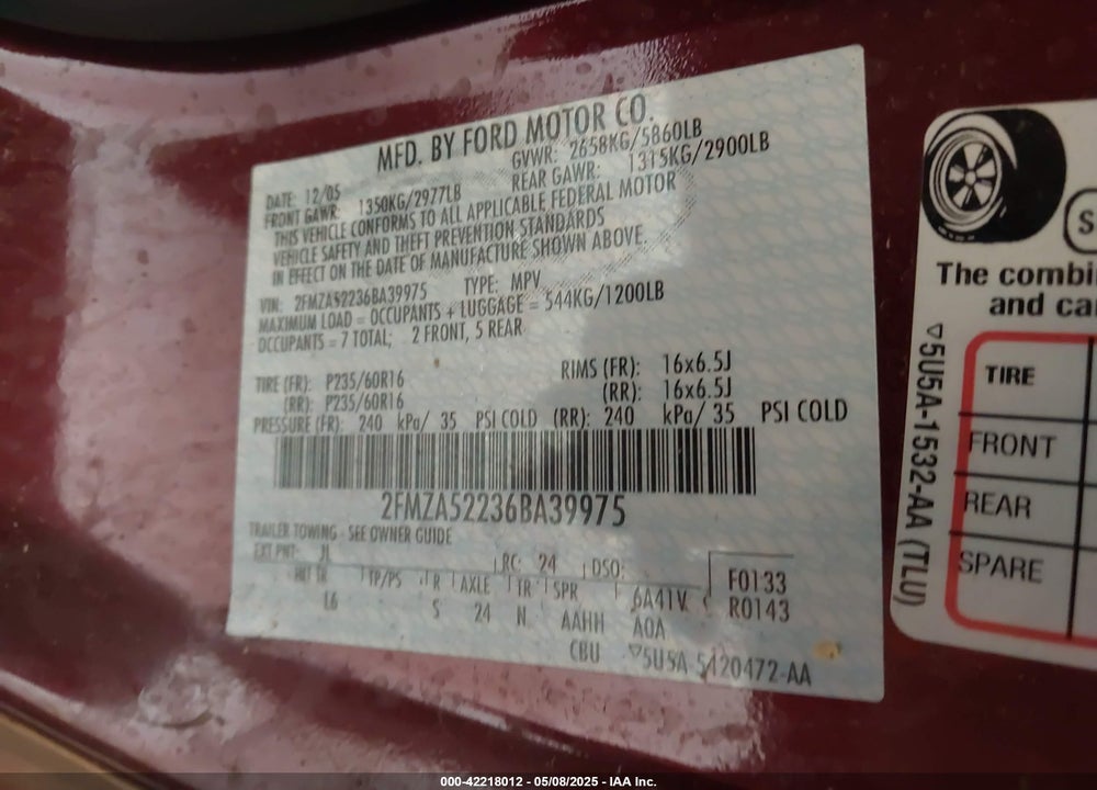 2006 FORD FREESTAR VIN: 2FMZA52236BA39975