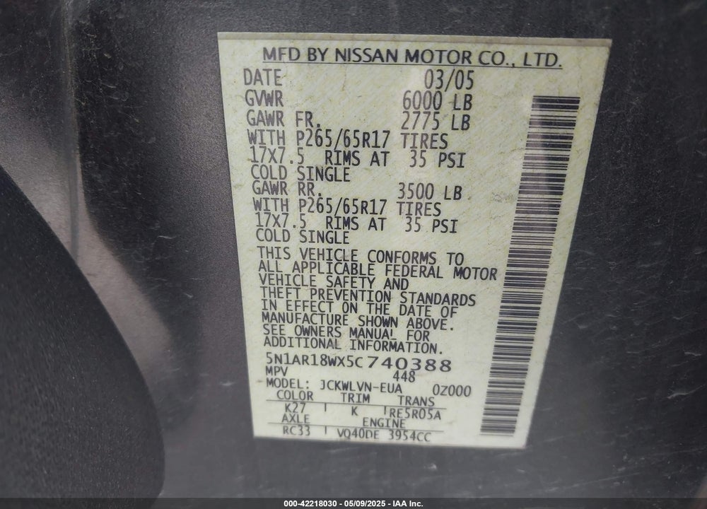 2005 NISSAN PATHFINDER VIN: 5N1AR18WX5C740388
